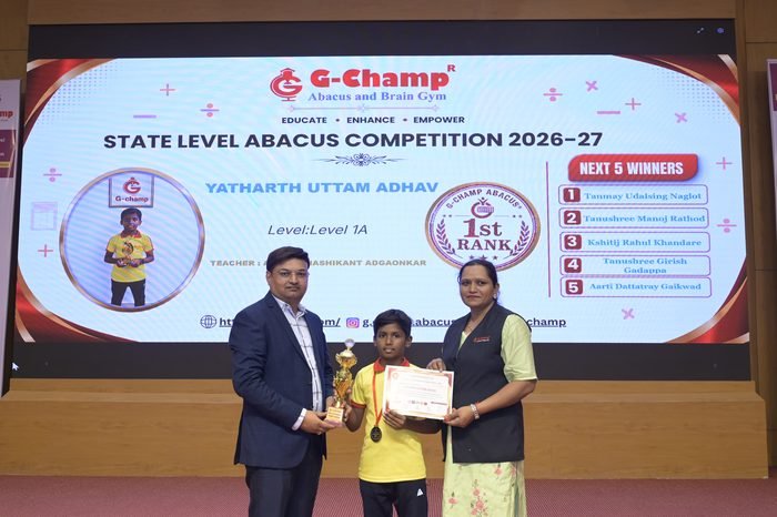 Yatharth uttam adhav — 1st Rank, Level 1A, at the G-Champ State Level Abacus Competition 2026