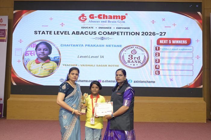 Chaitanya Prakash Netane — 3rd Rank, Level 1A, at the G-Champ State Level Abacus Competition 2026