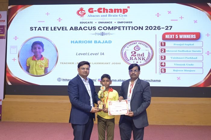 Hariom Bajad — 2nd Rank, Level 1A, at the G-Champ State Level Abacus Competition 2026