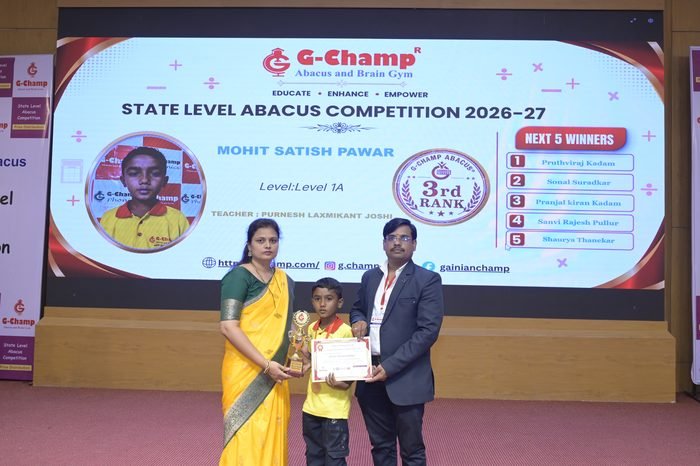 Mohit Satish Pawar — 3rd Rank, Level 1A, at the G-Champ State Level Abacus Competition 2026