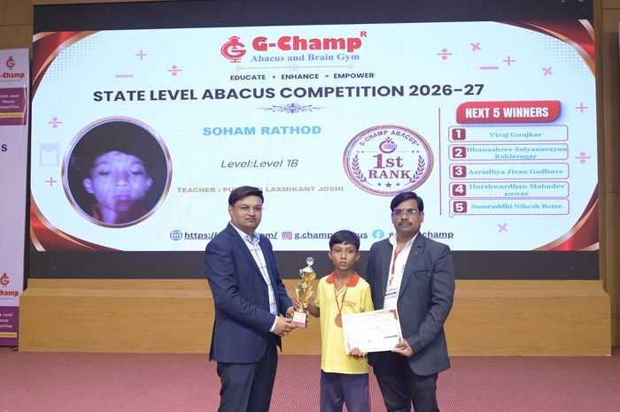 Soham Rathod — 1st Rank, Level 1B, at the G-Champ State Level Abacus Competition 2026