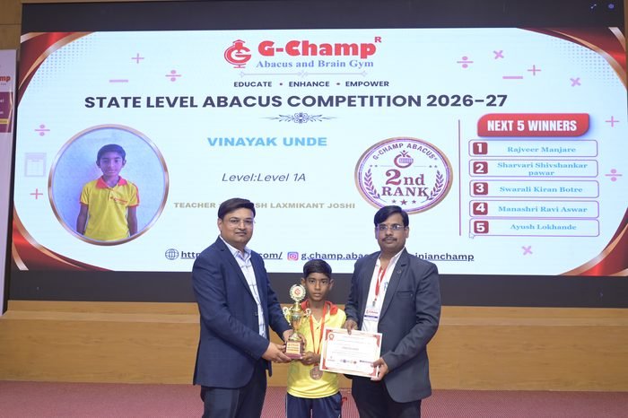 Vinayak Unde — 2nd Rank, Level 1A, at the G-Champ State Level Abacus Competition 2026