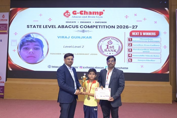 Viraj Gunjkar — 1st Rank, Level 2, at the G-Champ State Level Abacus Competition 2026