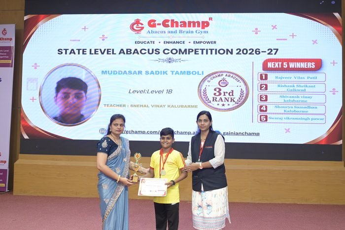 Muddasar Sadik Tamboli — 3rd Rank, Level 1B, at the G-Champ State Level Abacus Competition 2026