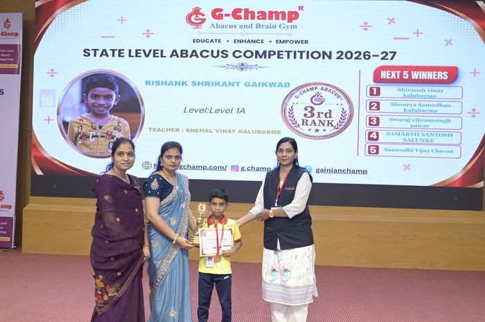 Rishank Shrikant Gaikwad — 3rd Rank, Level 1A, at the G-Champ State Level Abacus Competition 2026