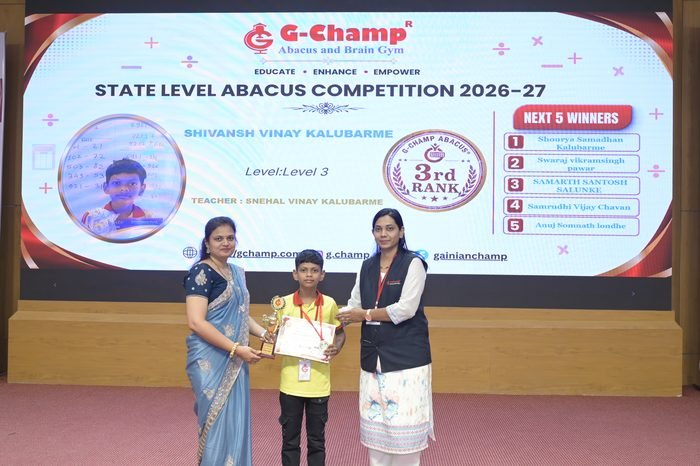 Shivansh vinay kalubarme — 3rd Rank, Level 3, at the G-Champ State Level Abacus Competition 2026