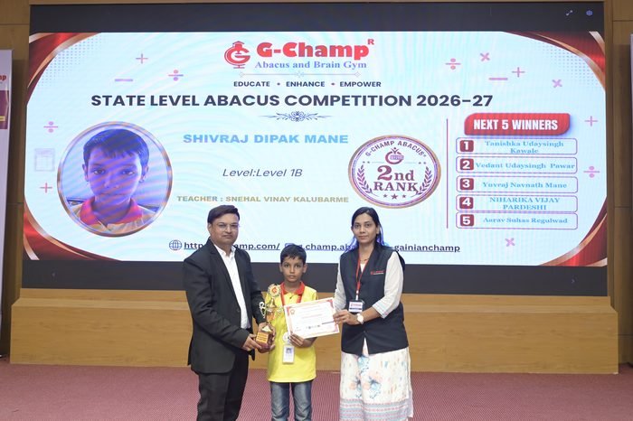 Shivraj Dipak Mane — 2nd Rank, Level 1B, at the G-Champ State Level Abacus Competition 2026