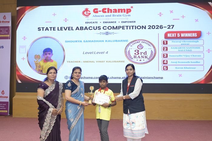 Shourya Samadhan Kalubarme — 3rd Rank, Level 4, at the G-Champ State Level Abacus Competition 2026