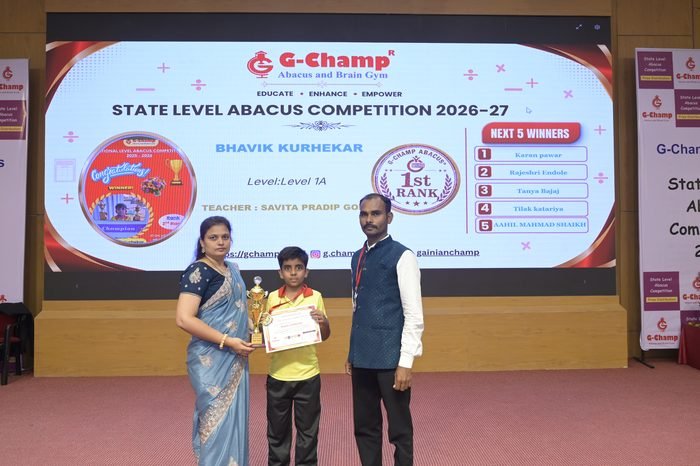 Bhavik Kurhekar — 2nd Rank, Level 1A, at the G-Champ State Level Abacus Competition 2026
