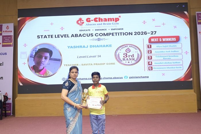 Yashraj Dhahake — 3rd Rank, Level 1A, at the G-Champ State Level Abacus Competition 2026