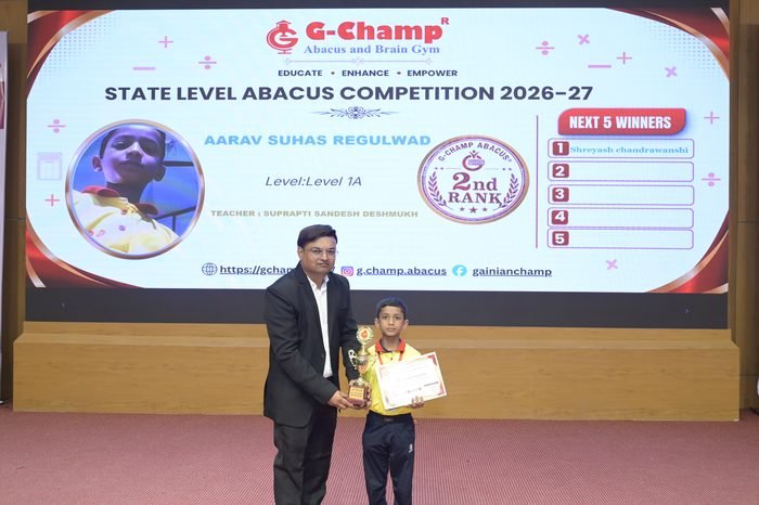 Aarav Suhas Regulwad — 2nd Rank, Level 1A, at the G-Champ State Level Abacus Competition 2026