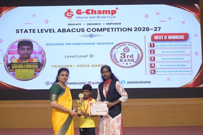 Devansh Dnyaneshwar Dahidar — 3rd Rank, Level 1B, at the G-Champ State Level Abacus Competition 2026