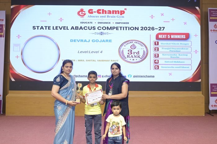 Devraj Gojare — 3rd Rank, Level 4, at the G-Champ State Level Abacus Competition 2026