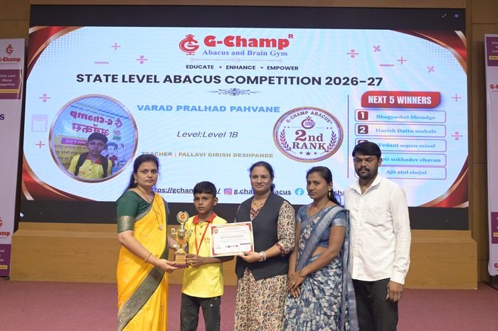 Varad Pralhad Pahvane — 2nd Rank, Level 1B, at the G-Champ State Level Abacus Competition 2026