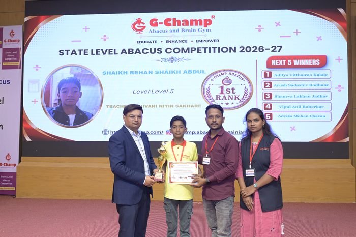 Shaikh rehan shaikh abdul — 1st Rank, Level 5, at the G-Champ State Level Abacus Competition 2026