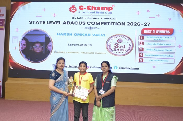 Harsh Omkar Valvi — 3rd Rank, Level 1A, at the G-Champ State Level Abacus Competition 2026
