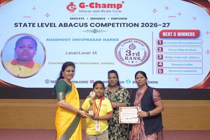 Avadhoot Shivprasad Harke — 3rd Rank, Level 1A, at the G-Champ State Level Abacus Competition 2026