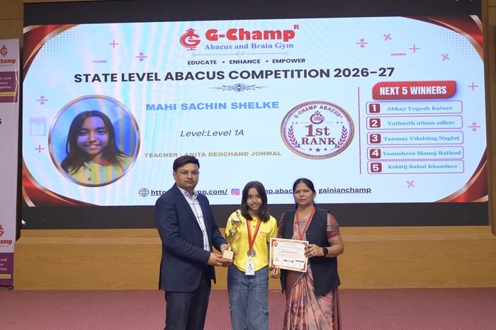 Mahi Sachin Shelke — 1st Rank, Level 1A, at the G-Champ State Level Abacus Competition 2026