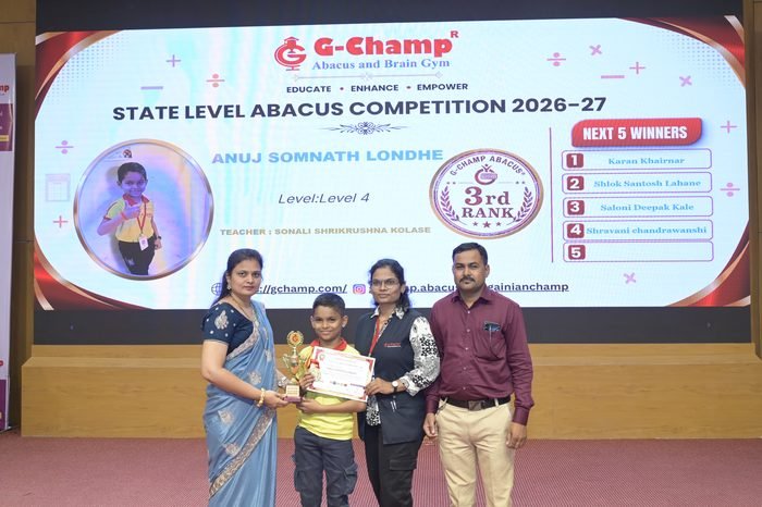 Anuj Somnath londhe — 3rd Rank, Level 4, at the G-Champ State Level Abacus Competition 2026