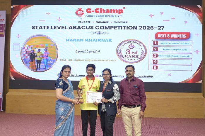 Karan Khairnar — 3rd Rank, Level 4, at the G-Champ State Level Abacus Competition 2026