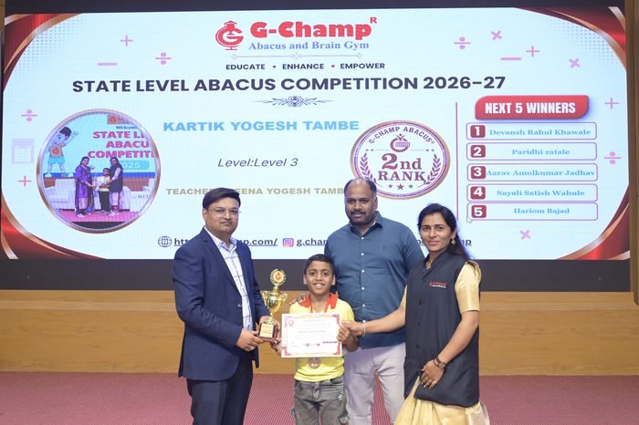 Kartik Yogesh Tambe — 2nd Rank, Level 3, at the G-Champ State Level Abacus Competition 2026
