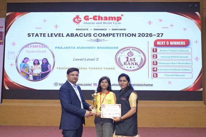 PRAJAKTA SUKHDEV BHANDARE — 1st Rank, Level 2, at the G-Champ State Level Abacus Competition 2026