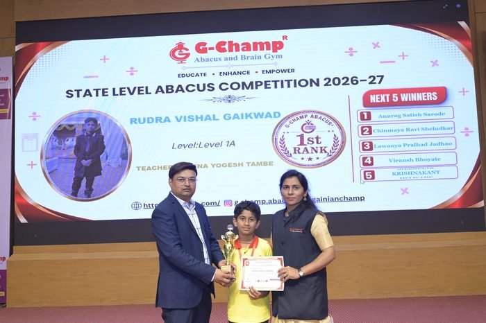 Rudra Vishal Gaikwad — 1st Rank, Level 1A, at the G-Champ State Level Abacus Competition 2026