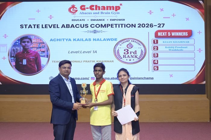 Achitya Kailas Nalawde — 3rd Rank, Level 1A, at the G-Champ State Level Abacus Competition 2026