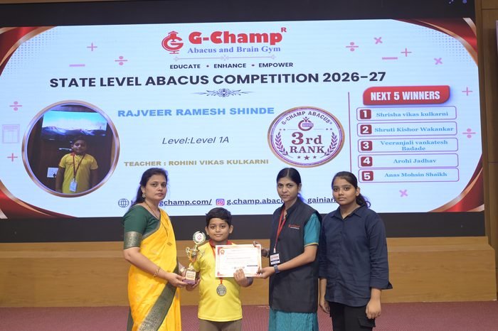 Rajveer Ramesh shinde — 3rd Rank, Level 1A, at the G-Champ State Level Abacus Competition 2026