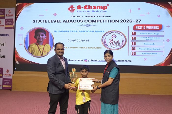 Rudrapratap santosh more — 2nd Rank, Level 1A, at the G-Champ State Level Abacus Competition 2026