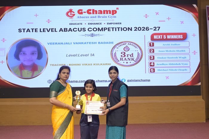 Veeranjali vankatesh Badade — 3rd Rank, Level 1A, at the G-Champ State Level Abacus Competition 2026