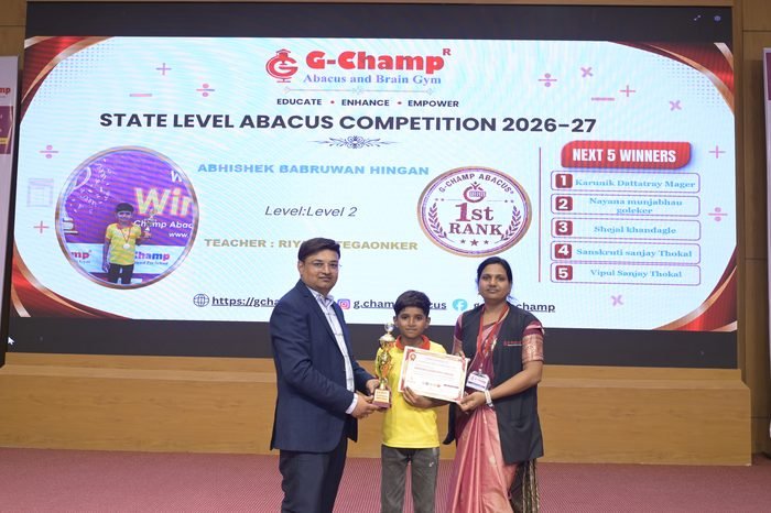 Abhishek Babruwan Hingan — 1st Rank, Level 2, at the G-Champ State Level Abacus Competition 2026