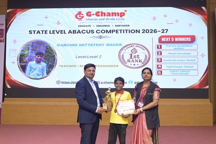 Karunik Dattatray Mager — 1st Rank, Level 2, at the G-Champ State Level Abacus Competition 2026