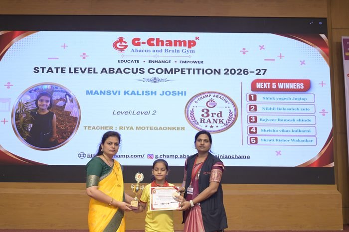 Mansvi kalish Joshi — 3rd Rank, Level 2, at the G-Champ State Level Abacus Competition 2026