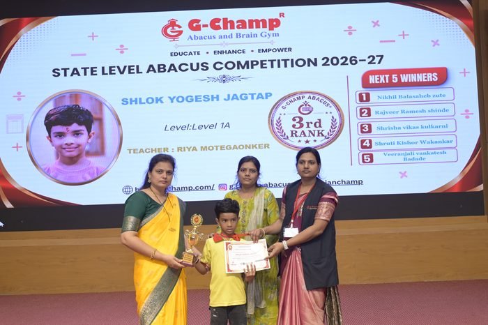 Shlok yogesh Jagtap — 3rd Rank, Level 1A, at the G-Champ State Level Abacus Competition 2026