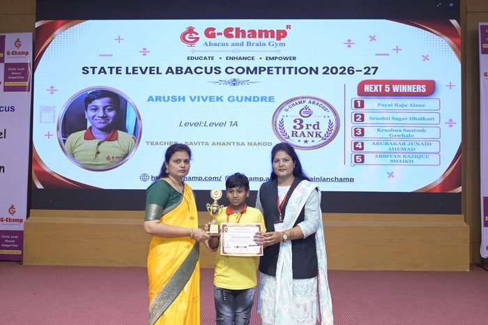 Arush Vivek Gundre — 2nd Rank, Level 1A, at the G-Champ State Level Abacus Competition 2026