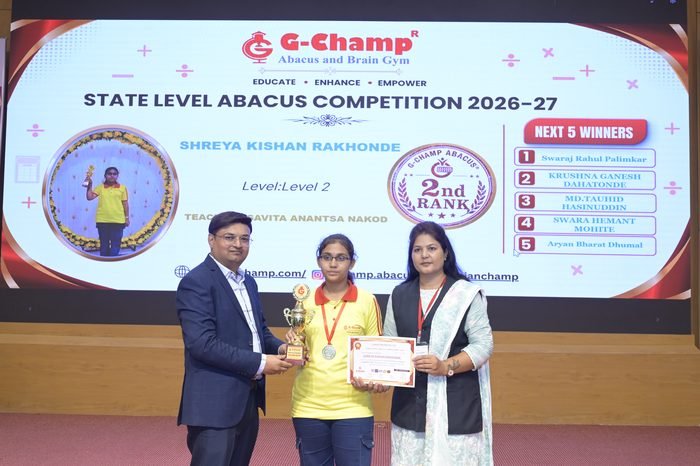 Shreya Kishan Rakhonde — 2nd Rank, Level 2, at the G-Champ State Level Abacus Competition 2026