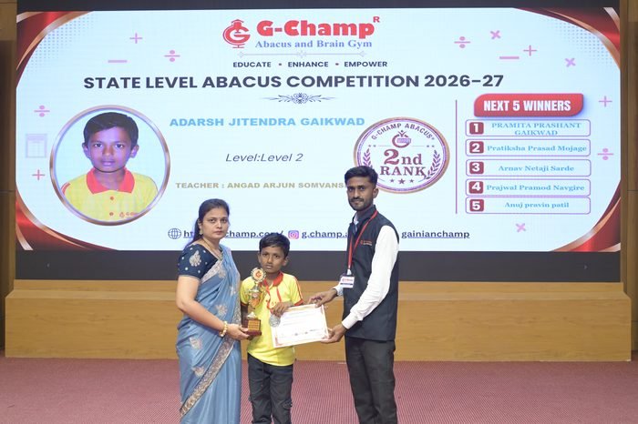 Adarsh Jitendra Gaikwad — 2nd Rank, Level 2, at the G-Champ State Level Abacus Competition 2026