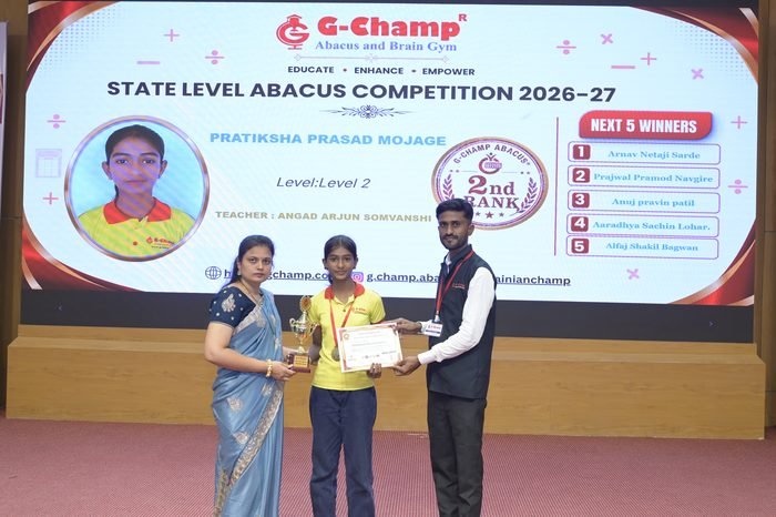 Pratiksha Prasad Mojage — 2nd Rank, Level 2, at the G-Champ State Level Abacus Competition 2026