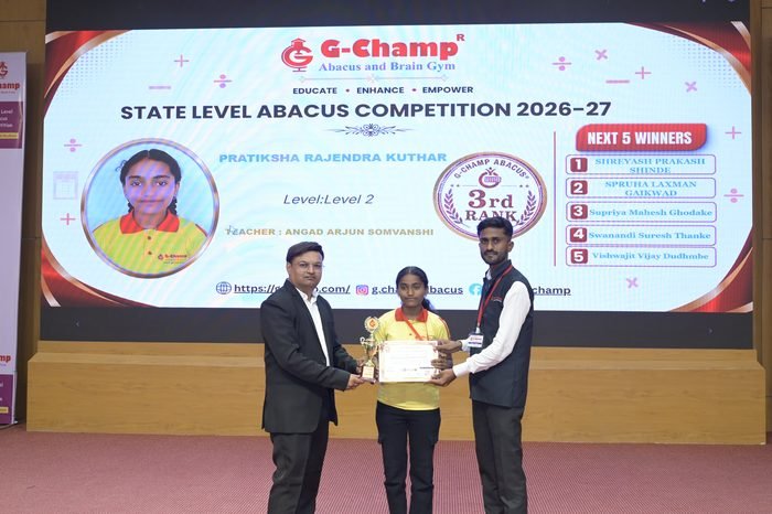 Pratiksha Rajendra Kuthar — 3rd Rank, Level 2, at the G-Champ State Level Abacus Competition 2026