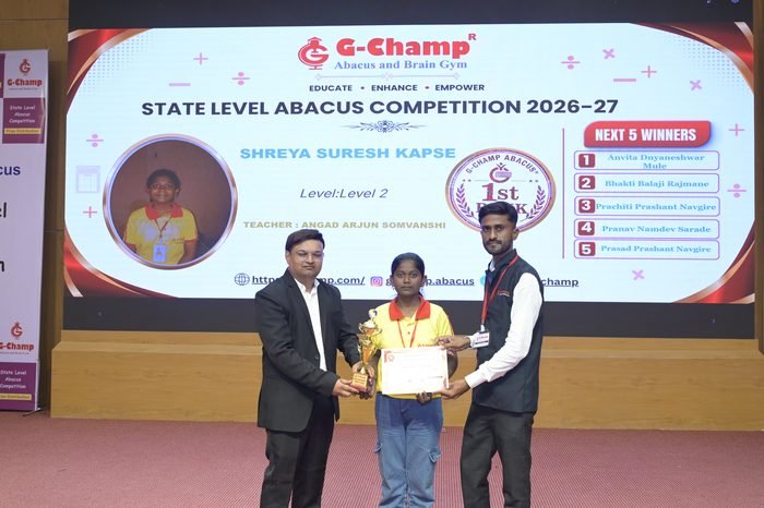 Shreya Suresh Kapse — 1st Rank, Level 2, at the G-Champ State Level Abacus Competition 2026
