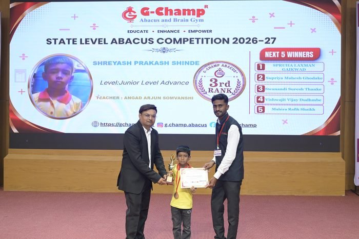 SHREYASH PRAKASH SHINDE — 3rd Rank, Junior Level Advance, at the G-Champ State Level Abacus Competition 2026