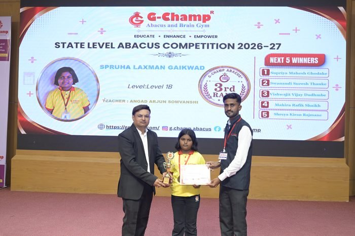 SPRUHA LAXMAN GAIKWAD — 3rd Rank, Level 1B, at the G-Champ State Level Abacus Competition 2026