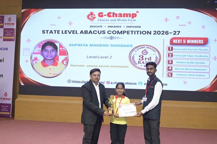 Supriya Mahesh Ghodake — 3rd Rank, Level 2, at the G-Champ State Level Abacus Competition 2026
