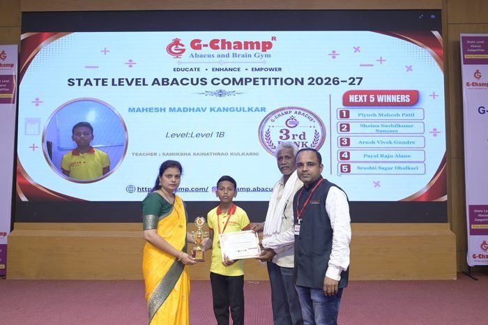 MAHESH MADHAV KANGULKAR — 3rd Rank, Level 1B, at the G-Champ State Level Abacus Competition 2026