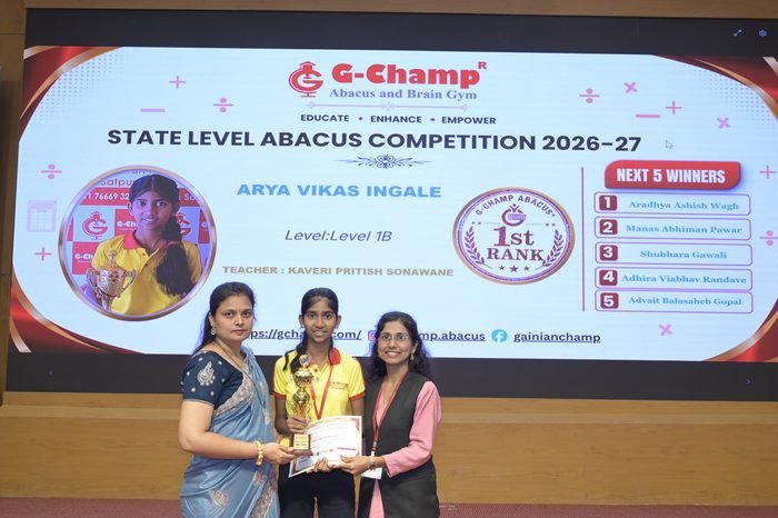 Arya Vikas Ingale — 1st Rank, Level 1B, at the G-Champ State Level Abacus Competition 2026