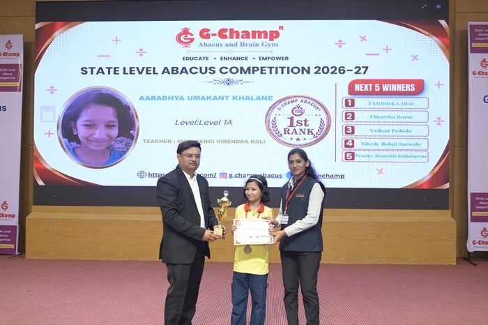 Aaradhya Umakant khalane — 1st Rank, Level 1A, at the G-Champ State Level Abacus Competition 2026