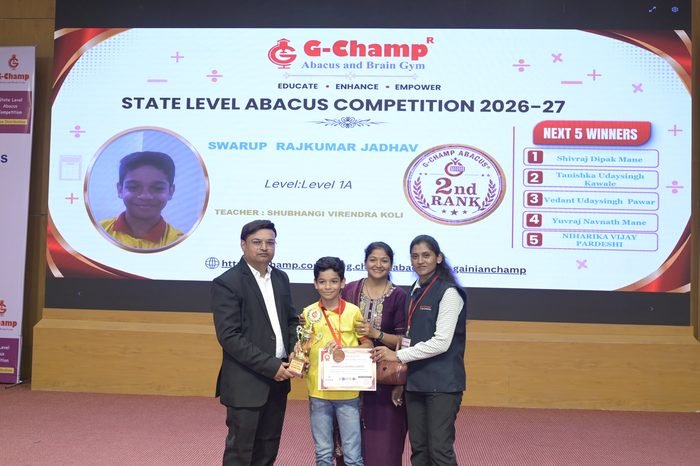 Swarup  Rajkumar jadhav — 2nd Rank, Level 1A, at the G-Champ State Level Abacus Competition 2026
