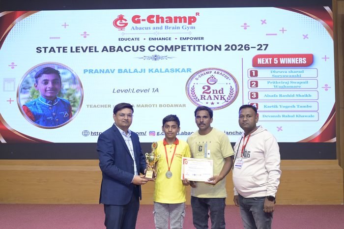 Pranav balaji kalaskar — 2nd Rank, Level 1A, at the G-Champ State Level Abacus Competition 2026