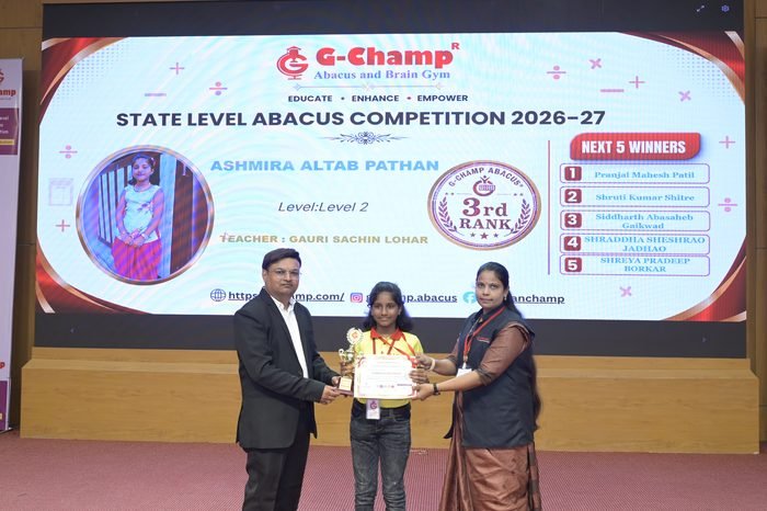 Ashmira Altab Pathan — 3rd Rank, Level 2, at the G-Champ State Level Abacus Competition 2026